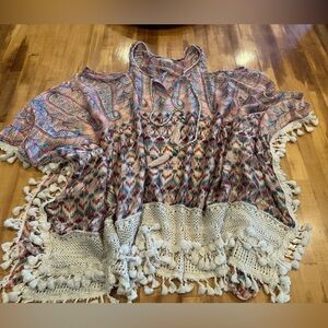 Frengi kimono beach cover up Boho style Size XL Pink and brown tie split neck